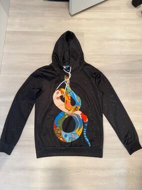 Black Crewneck Hoodie with Multicolor Serpent Graphic